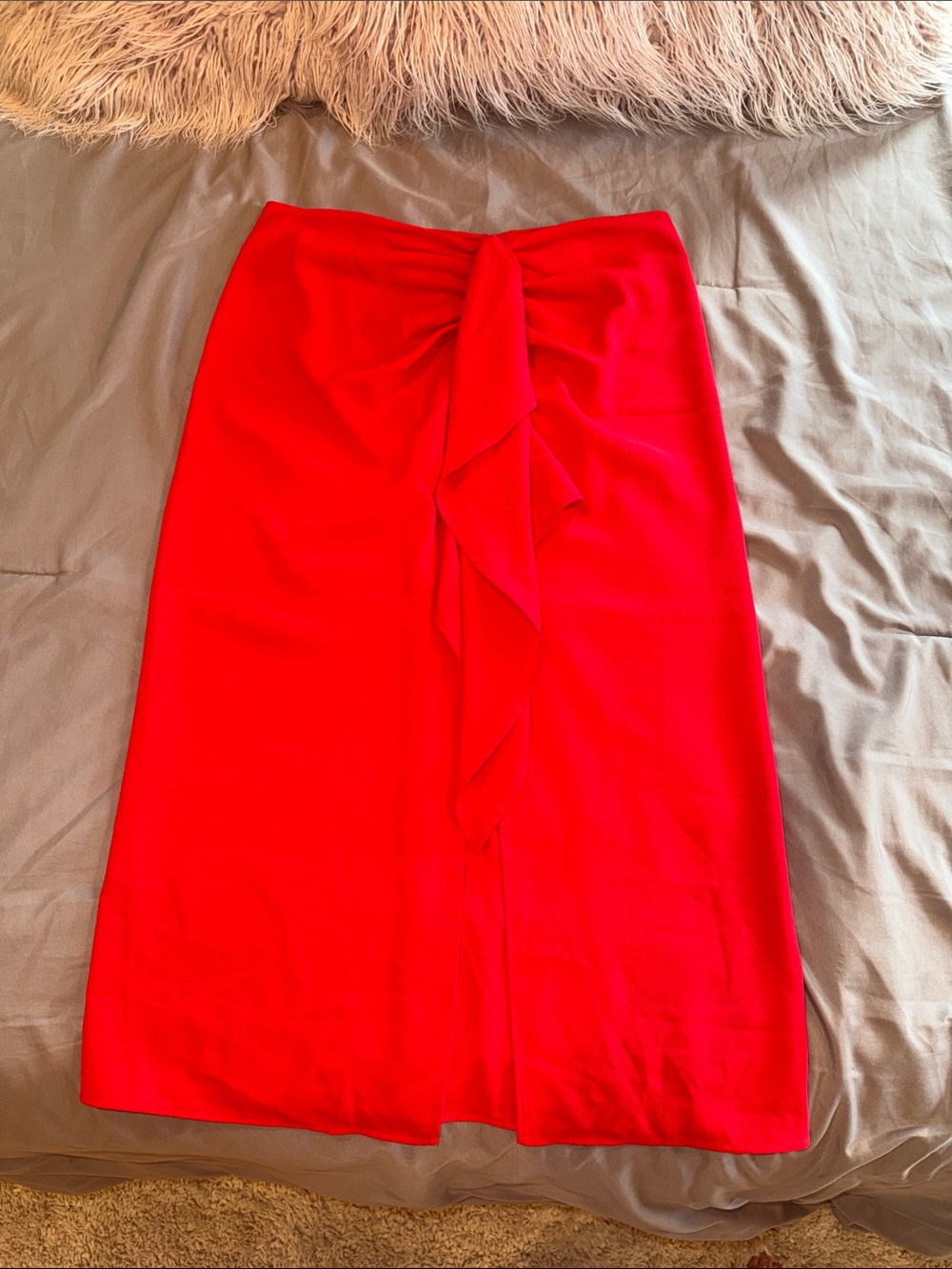 Zara Red Pencil Skirt with Front ruffle Tie Detail size S